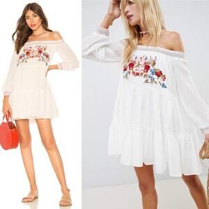Free People Off Shoulder Mini Dress XS Womens Floral Embroidered Boho Oversized
